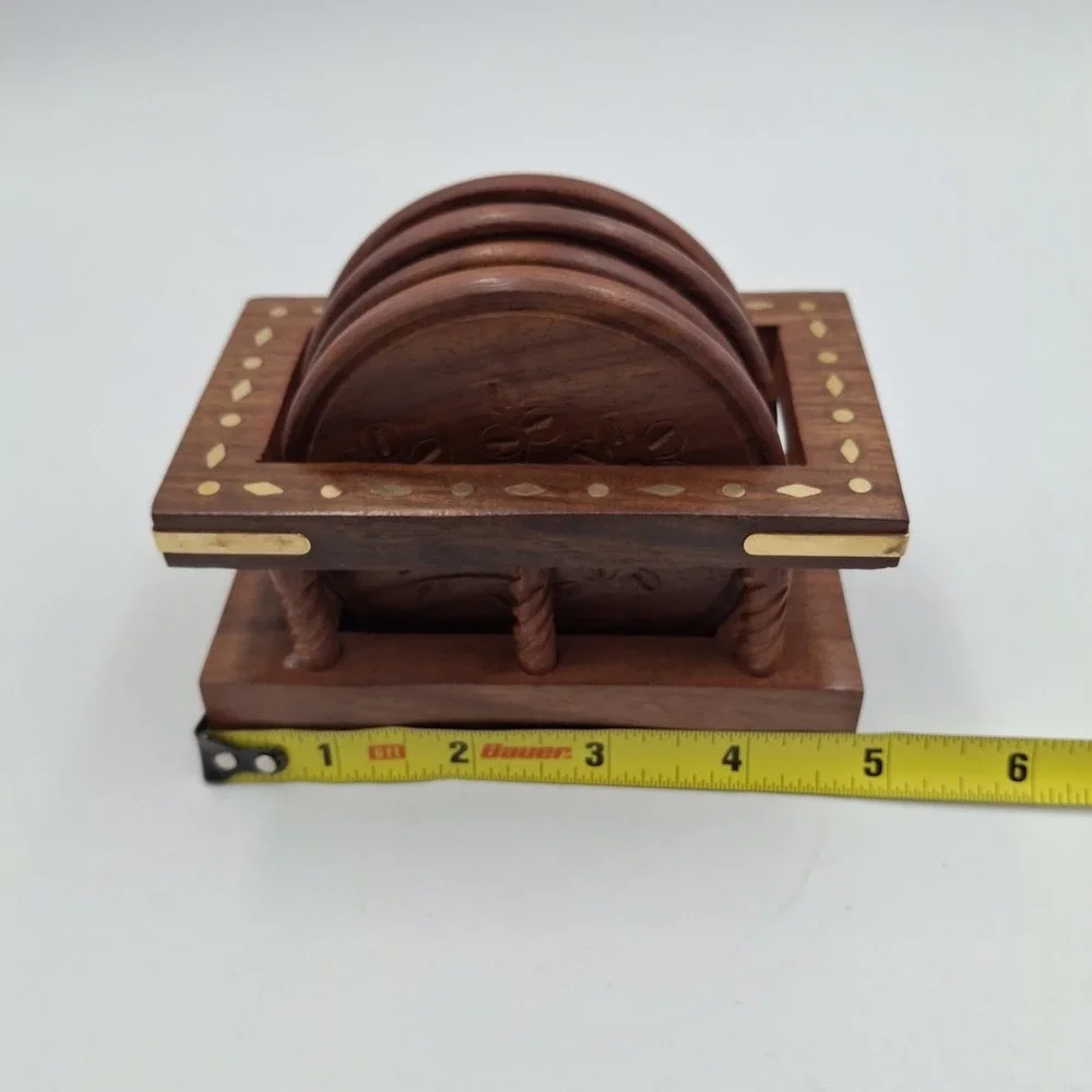 Kapasi Handcrafted Wooden Coaster Set of‎ 6 & Holder Carved Flower Brass Inlay